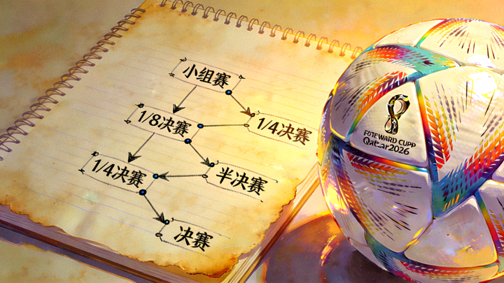 教练笔记本上绘制的小组赛至决赛晋级路线图，旁边放着2026世界杯官方用球，展示完整赛程跟踪