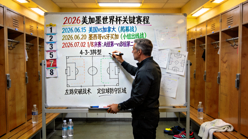 教练在更衣室白板上标记关键比赛日期和对手，体现2026美加墨世界杯赛程中的关键时间节点与战术布局