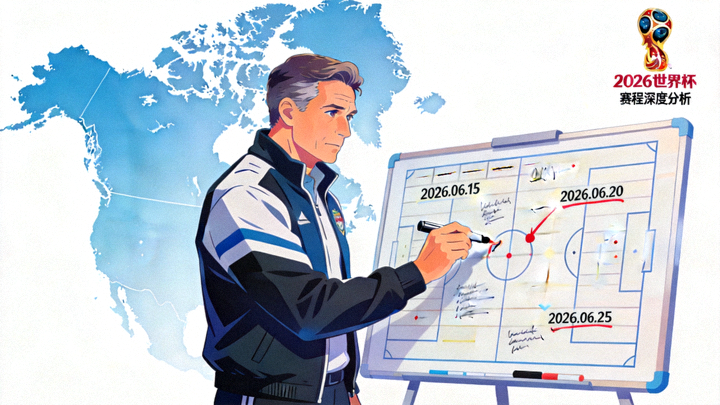 教练在战术板前标记关键比赛日期，背景为北美大陆轮廓与2026世界杯标志，体现主帅必备的赛程深度分析