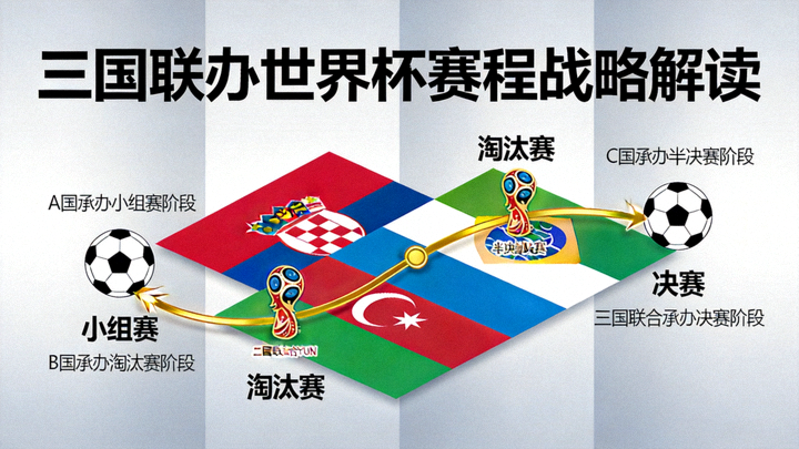 三国国旗与足球路径图交织，展示从小组赛到决赛的战略路径规划，体现三国联办世界杯赛程战略解读