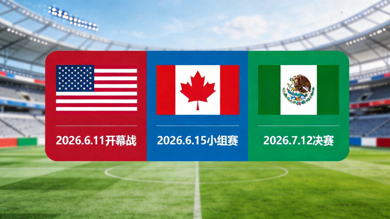 东道主球队（美国、加拿大、墨西哥）国旗与赛程关键日期标记