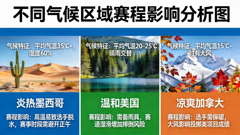 显示不同气候区域（炎热墨西哥、温和美国、凉爽加拿大）的赛程影响分析图